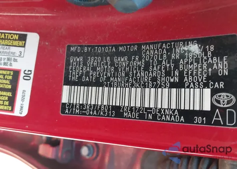 2019 Toyota Corolla Le z USA, uszkodzony, nr VIN 2T1BURHE3KC187759